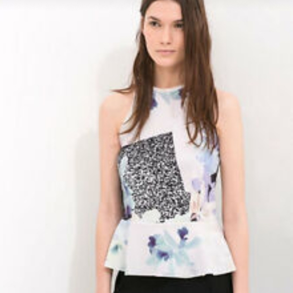 Zara Floral Peplum Scuba High Neck Tank Top Md